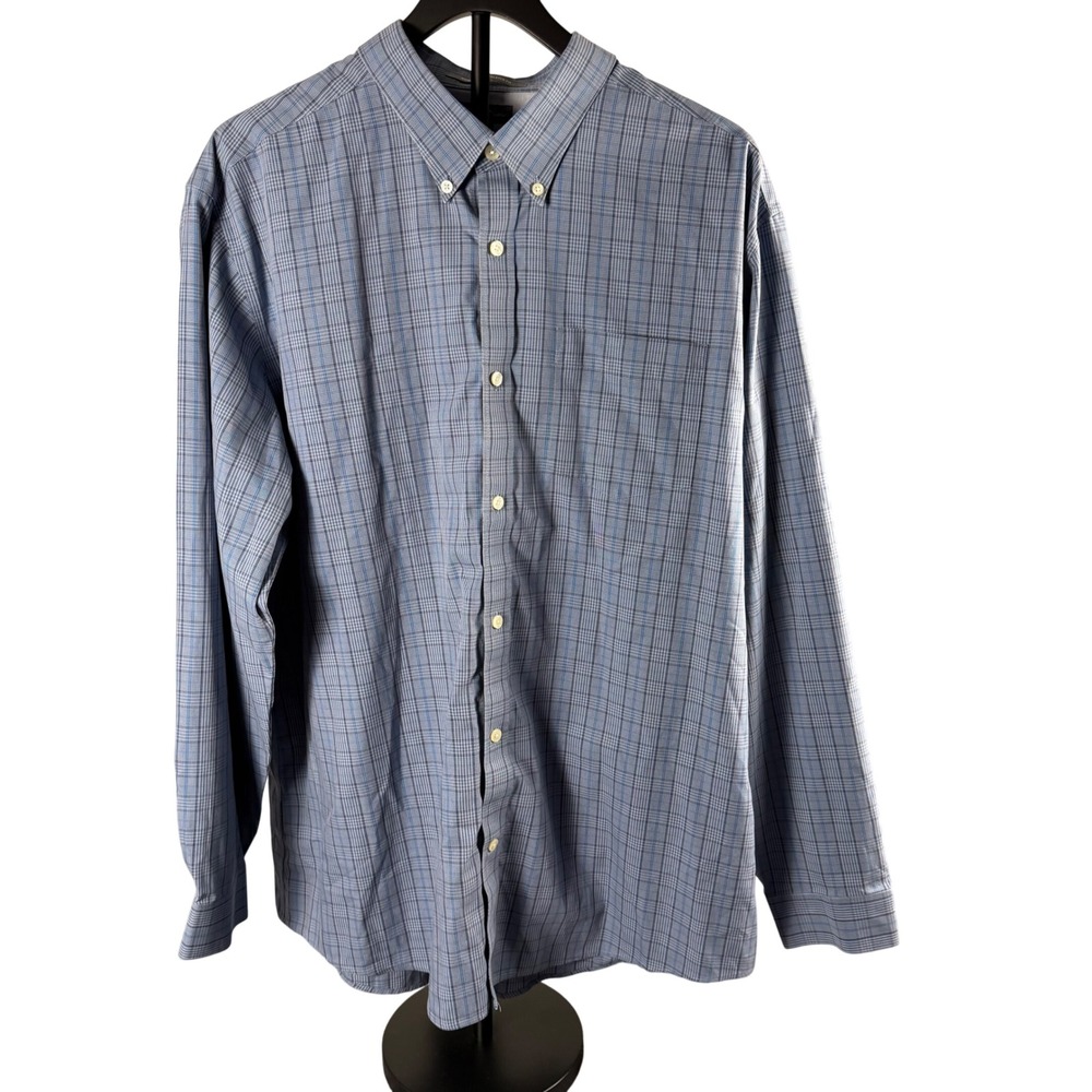 Eddie Bauer Mens 2XL Blue Gray Plaid Wrinkle Free Relaxed Fit Button Down Shirt